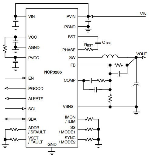 Application Circuit Diagram - onsemi NCP3286 Stackable Synchronous Buck Regulator